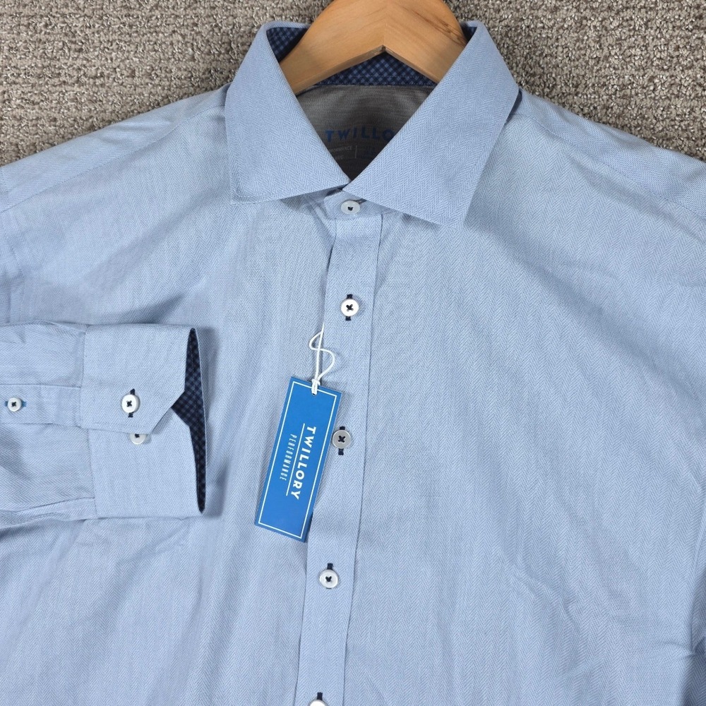 Twillory Performance Dress Shirt Mens 17.5 36/37 Blue Stretch Long Sleeve